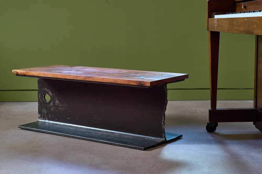 Steel I-beam bench with walnut slab top